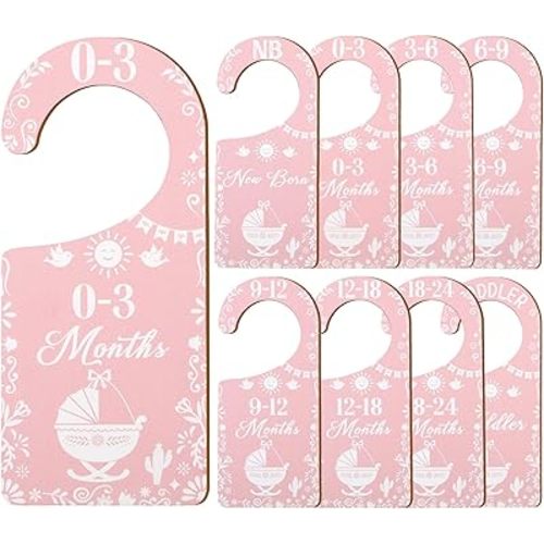 Pink Baby Closet Size Dividers 8Pcs, Cielito Lindo Double-Sided Wooden Hanger Organizer from Newborn to 24 Months Toddler, Nursery Decor Baby Shower Birthday Gift