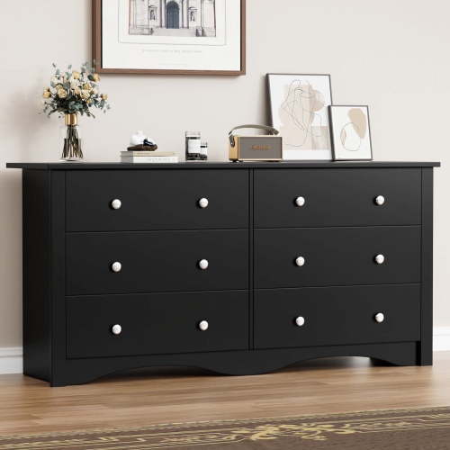 Lumihaven Rustic Modern Chest of 6 Drawers,Extra Wide Double Dresser for Master Bedroom or Nursery Storage,Black