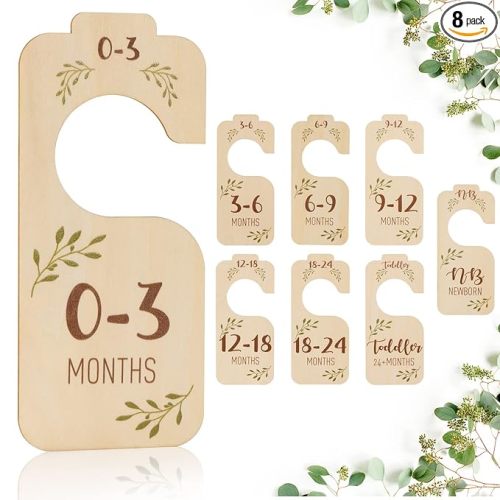 Baby Closet Dividers for Clothes Organizer - Set of 8 Beautiful Wooden Double-Sided Baby Clothes Size Hanger Organizer from Newborn to 24 Months for Boho Nursery Decor