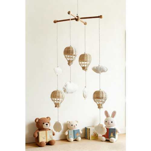Rattan Hot Air Balloon Baby Mobile, Natural Wicker Crib Mobile, Shower Gift