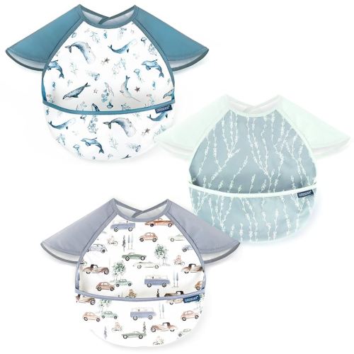 GRSSDER 3-pack Mess Proof Baby Feeding Bibs with Food Catcher Pocket, Soft Lightweight Waterproof Fabric Material with Zero Plastic-like Feel, Adjustable and Easy Clean Toddler Bibs for 6-36 Months