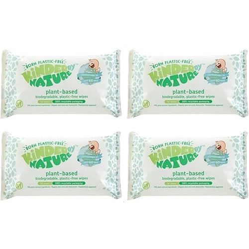 Kinder by Nature Plant Based Baby Wipes - 100% Biodegradable & Compostable, 224 Count (4 Packs of 56) - 99% Plant-Based Ingredients, Plastic-Free Wipes