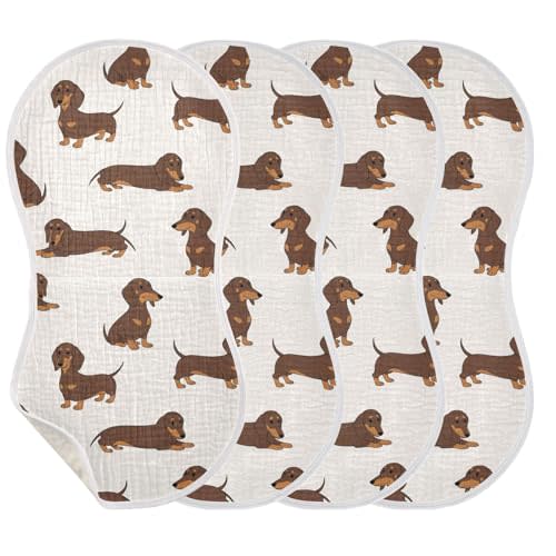 4 Pack Muslin Burp Cloths Dachshund Dogs Cute Cotton Baby Burp Cloths Ultra Absorbent Burping Cloth Soft Spit Up Rags for Newborn Babies 22x11 Inch