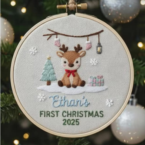Goose Baby's First Christmas Hand Embroidered Ornament, Handmade Holiday Decor, Personalized Unique Gift for New Baby, Custom Christmas Gift