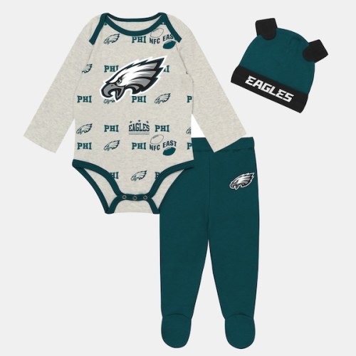 Newborn Outerstuff Heather Gray Philadelphia Eagles Huddles & Giggles 3-Piece Pant and Hat Set