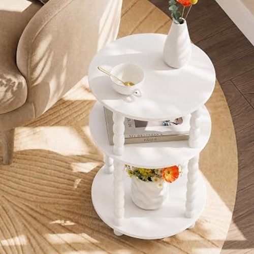 3-Tier Round Side Table, Small End Table with Solid Wood Spindle Legs White