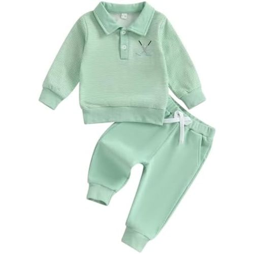 Toddler Boy Girl Golf Outfit Stripes Long Sleeve Sweatshirt Shirt Cute Pants Set Kids Baby Fall Winter Clothes
