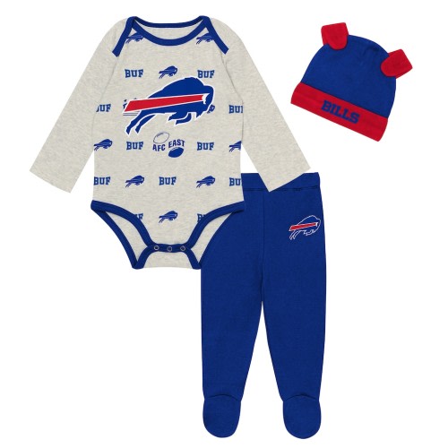 Buffalo Bills Outerstuff Newborn Huddles & Giggles 3-Piece Pant and Hat Set - Heather Gray