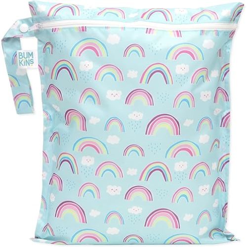 Bumkins Waterproof Wet Bag for Baby, Travel, Swim Suit, Cloth Diapers, Pump Parts, Pool, Beach, Gym Clothes, Toiletry, Hook to Stroller, Daycare, Zipper Reusable Wetdry Packing Pouch, Rainbows Blue