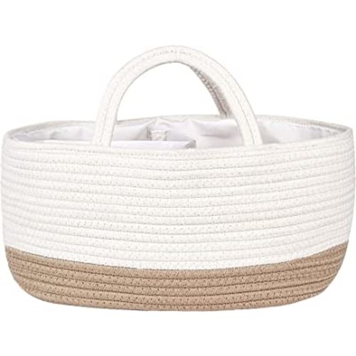 Mila Millie Baby Large Cotton Rope Diaper Caddy,Organizer Storage Bin for Nursery Essentials,100% Natural Cotton,Eco friendly (White & Biege) 15.5x10x7 Inch (Pack of 1)
