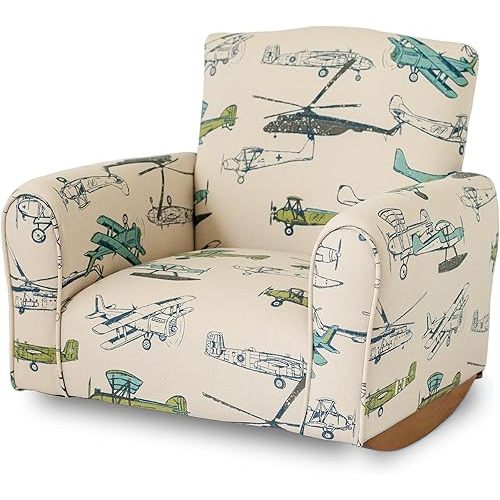 Kid Rocking Chair for Toddlers, Child Chair for Little Kids, Upholstered Toddler Armchair for Children, Comfy and Cute Little Kid Chairs (Rockers, Airplanes Print)