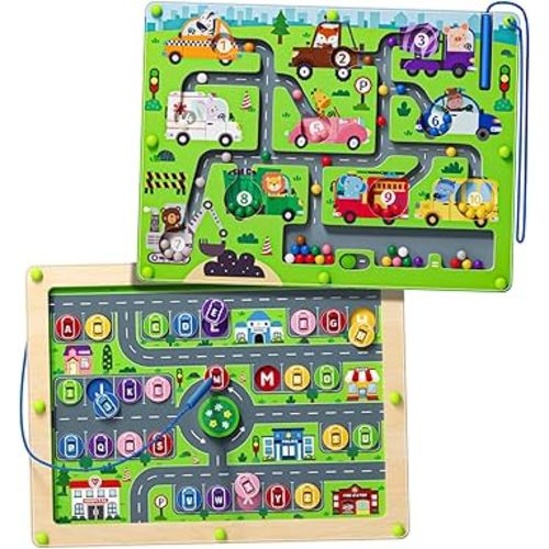 Magnetic Maze 2 in 1 Double Side Color and Number Maze Alphabet Puzzle Board for 3-5 Boys and Girls Kids Montessori Educational Toys (Car, One Size)