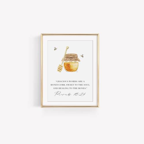 Honey Bee Watercolor Verse Print - Proverbs Gracious Words Are Like Honey