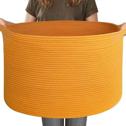 MEGASKET Extra Large 115L Orange Basket, 23.6"x15.7" Woven Cotton Rope Bins for Blankets, XXXL Baby Nursery Laundry Towel Basket, Oversized Kids Dog Toy Storage Box, Orange Living Room Decor Organizer