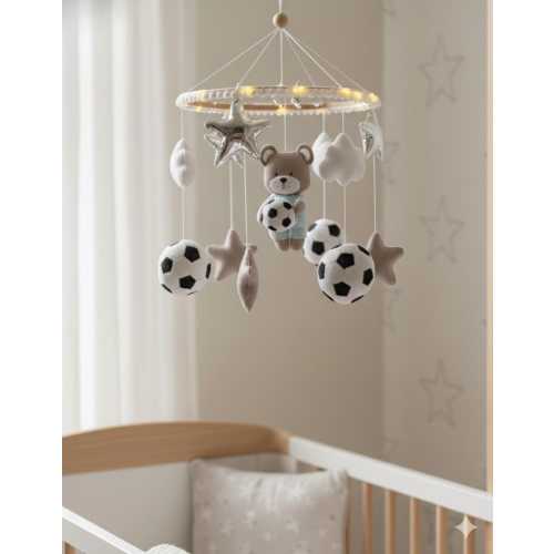 Handmade Football Teddy Bear Baby Mobile Sports Nursery Decor, Soccer Ball Plush Bear Crib Mobile, Gift Baby Boy, Neutral Athletic Nursery