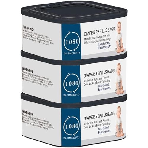 3Pack Jumbo Square Refills Disposal Bags Refill Compatible with Diaper Genie Compact, Classic and Select Pails, with Continuous Film,HoldUp to 1080 Newborn-Sized Diapers Per Refill