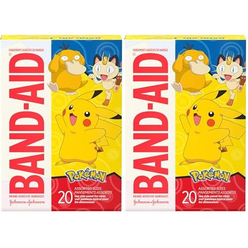 Band-Aid Brand Adhesive Bandages for Minor Cuts & Scrapes, Wound Care Featuring Pokémon Characters for Kids, Assorted Sizes 20 ct (Pack of 2)