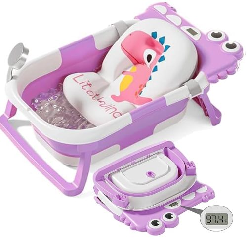 TPN Collapsible Baby Bathtub, Baby Bath Tub with Soft Cushion & Real-Time Thermometer, Baby Bathtub Infant to Toddler Tub (0-36 Months), Portable Travel Baby Tubs for Newborns (Lavender)