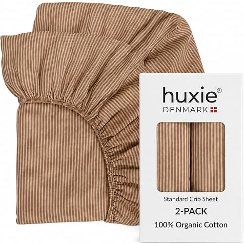 Huxie Crib Sheets – Organic Cotton Muslin Fitted Crib Sheet – Standard Size for Baby Boy and Baby Girl 28" x 52" Ultra-Soft and Breathable. 2-Pack(Natural Stripe)