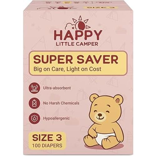 Happy Little Camper Super Saver Diapers, Size 3, 100 Count | Budget-Friendly Disposable Baby Diapers for Sensitive Skin | Hypoallergenic, Fragrance-Free, Ultra Absorbent