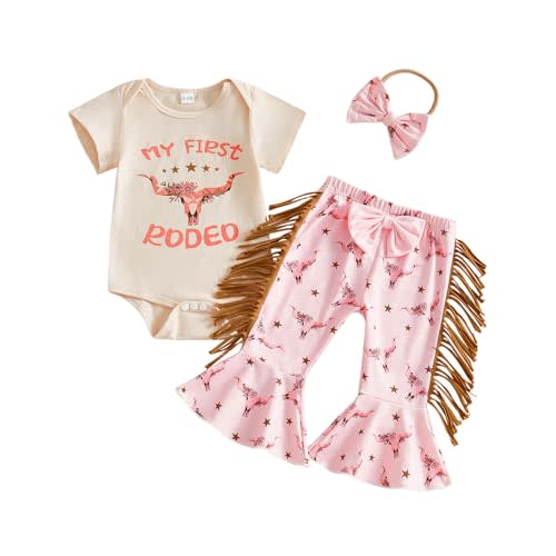 MERSARIPHY Baby Girl Bell Bottom Outfit Infant Newborn Western Summer Clothes Short Sleeve Ruffle Romper Tops Flare Pant Set