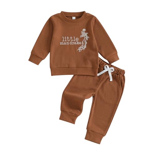 Gueuusu Toddler Baby Boy Girl Fall Outfit Letters Embroidery Long Sleeve Waffle Knit Sweatshirt and Pants Set