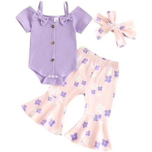 Fernvia Infant Baby Girl Clothes Suspenders Short Sleeve Ribbed Romper Flared Pants Set Headband 3pcs Summer Outfit