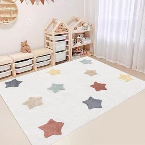 Poowe Large ABC Rug for Kids Room Boy & Girl - Colorful Alphabet Circle Area for Playroom, Nursery, Classroom, Bedroom - Non-Slip, Soft Play Mat for Baby, Neutral Toddler, Children -5Ft x 7Ft