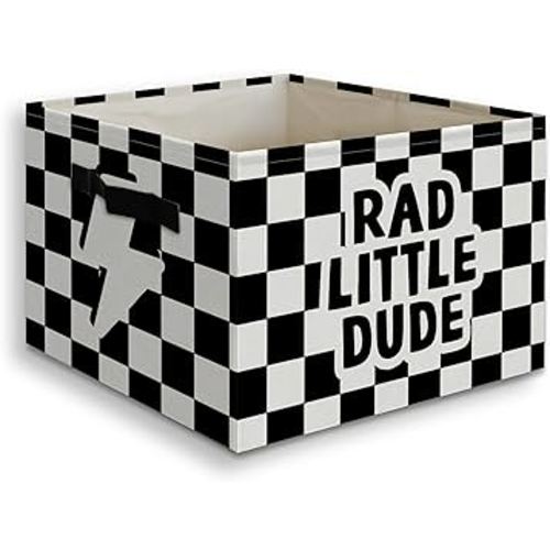 Rad Little Dude Boy Basket Foldable Storage Bins Box with Handles, Black and White Checkered Collapsible Organizer Basket for Kids Boys Bedroom Bathroom Nursery Playroom Clothes Toys Books