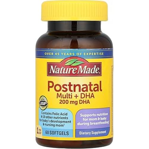 Nature Made Postnatal Multivitamin + DHA 200 mg, 60 Softgels, to Support Nursing Moms & Babies During Breastfeeding, Postnatal Vitamins & Nutrients Include Iron, Vitamin D3, Calcium, Iodine