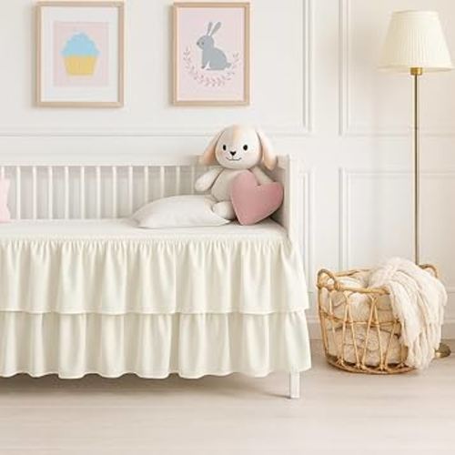 Mattress-Homes Crib Skirt Multi Ruffle, Dust Ruffle Adjustable Fit Standard Crib Nursery Mini Crib Toddler Breathable Skirt for Baby Boys or Girls,(Ivory Solid - 24" x 38"/10" Drop)