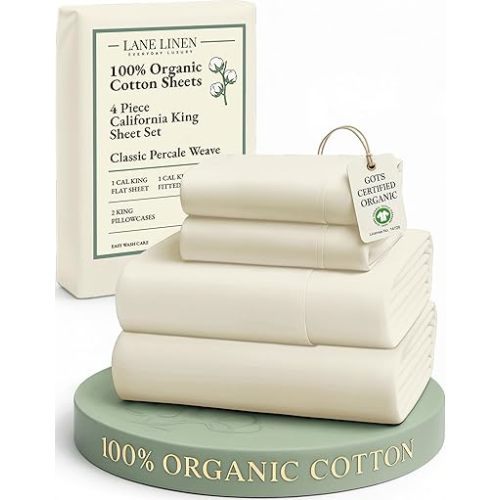 LANE LINEN 100% Organic Cotton California King Sheets Set, 4-Piece Pure Organic Cotton Long Staple Percale Weave Soft Best Bedding Sheets for Bed, Breathable, Fits Mattress Upto 15" Deep - Natural
