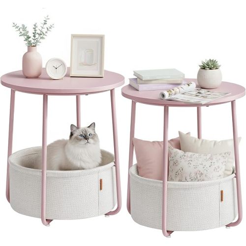 VASAGLE LILEA Collection - Small Round Side End Table, Modern Nightstand with Fabric Basket, Jelly Pink and Cream White ULET223R61