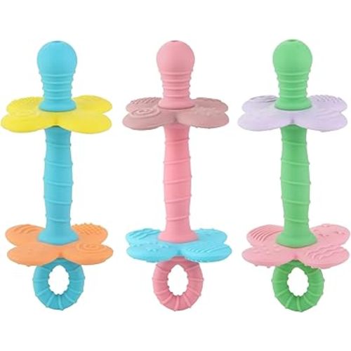 PandaEar 3 Pack Silicone Flower Baby Teether, Nipple-Shaped Gum Massager with Anti-Choke Guard, Easy-Grip Textured Teething Tube