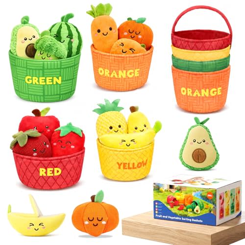 Baby Sensory Toys 6-12 Months, Montessori Toys for Toddlers - 16 Pcs Soft Plush Fruits & Vegetables with Crinkle, Rattle & Color Sorting, Fine Motor Learning Toy, Gift for 1 Year Old Boys Girls