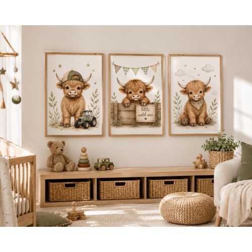 Set of 3 Neutral Highland Cow Nursery Prints, Baby Boy Farm Animal Wall Art