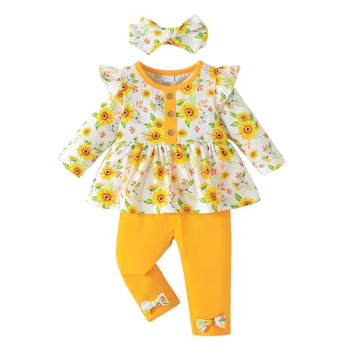 YWFSHOP Baby Girl Clothes Outfits Ruffle Sleeve Shirt Top and Pants Toddler 3 Piece Set Fall Winter