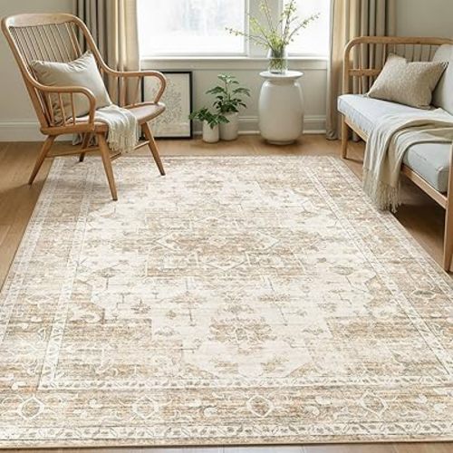 Washable Area Rug 6x9: Soft Vintage Beige Rugs for Living Room