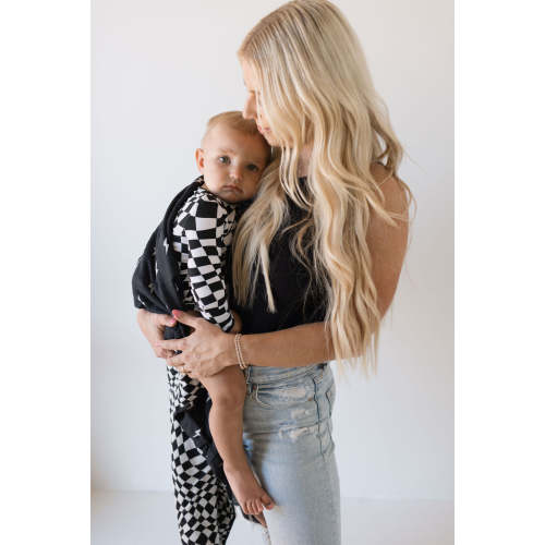 Long Sleeve Bamboo Snapsuit | Black & White Wavy Checkerboard