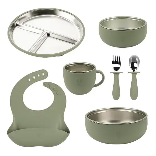 Premium 7-Piece Silicone & Stainless Steel Kids Dinnerware Set | Feedi – Green Walnut Inc.