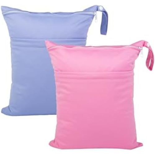Wet Dry Bags 2 Pack for Baby Cloth Diapers, Waterproof Reusable with Two Zippered Pockets Travel Beach Pool Soiled Baby Items Yoga Gym Bag for Swimsuits or Wet Clothes (purple and plum red)