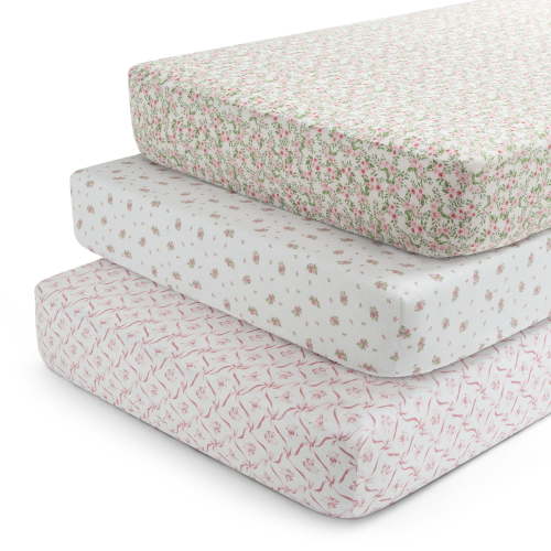 Delta Children Fitted Crib Sheets for Girls and Boys - Crib Sheet for Standard Crib and Toddler Mattresses - 28x52 Inch (Pack of 3), Pink Floral