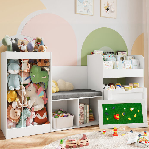 Isabelle & Max™ 31.5''H Kids Bookcase, Toy Storage Organizer with Stuffed Animal Storage, Bench and Removable Cushions, Wooden Toddler Bookshelf with Movable Building Block Drawers & Reviews | Wayfair