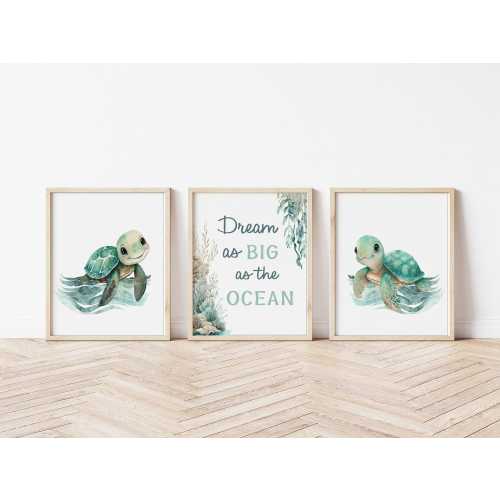 Baby Sea Turtle Art Prints - Set of Three Ocean Nursery Prints- Baby Boy Ocean Nursery Wall Art - Under the Sea Nursery Decor A561
