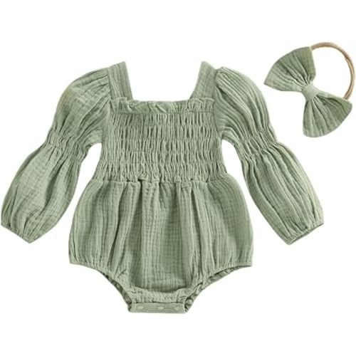 Kavousa Smocked Baby Girl Clothes Newborn Girl Bubble Romper Long Sleeve Jumpsuit And Headband Outfit Cute Infant Clothing
