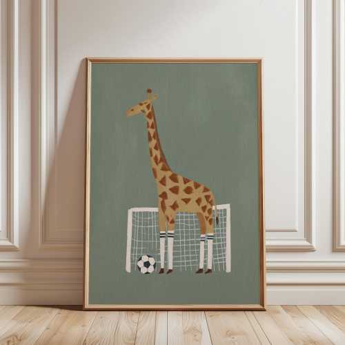 Giraffe Soccer Print, Sage Blue Nursery Wall Art, Soccer Goalie Kids Room Decor, Retro Sports Animal Poster, Digital Download