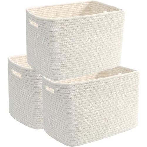 3 Pack Woven Rope Storage Baskets for Organizing,13.5"×11"×9.5" Storage Bins for Shelves,Perfect for Toys,Books,Towels,Clothes,Empty Gift Baskets for Nursery,Living Room&Bedroom(White)