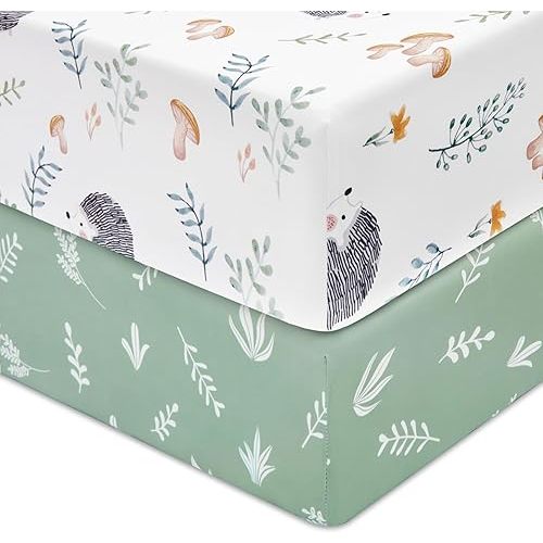 TILLYOU Baby Crib Sheets for Boys Girls, Super Soft Toddler Bed Sheets, 2 Pack Sheets for Standard Crib Mattress 28x52in, Hedgehog Garden and Green Leaves