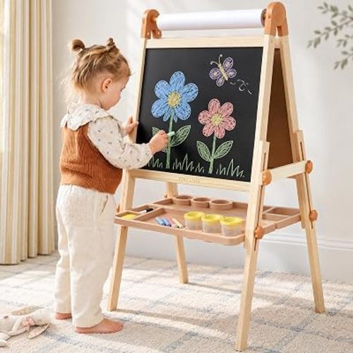 Tiny Land Foldable Wooden Art Easel for Kids, with Chalkboard & Whiteboard