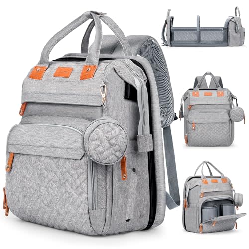 Baby Diaper Bag, Backpack with Changing Table, Unisex Baby Bag, with Diaper Pad, USB Charging Port, Insulated Pacifier Case, Multifunctional Waterproof Travel Diaper Bag, Gift for Newborn Baby (Grey)